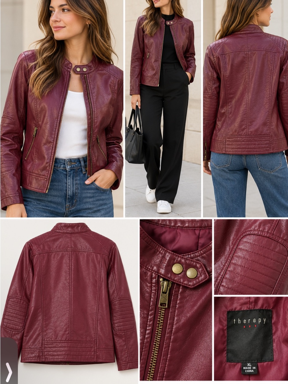 therapy Burgundy Faux Leather Moto Jacket for Women